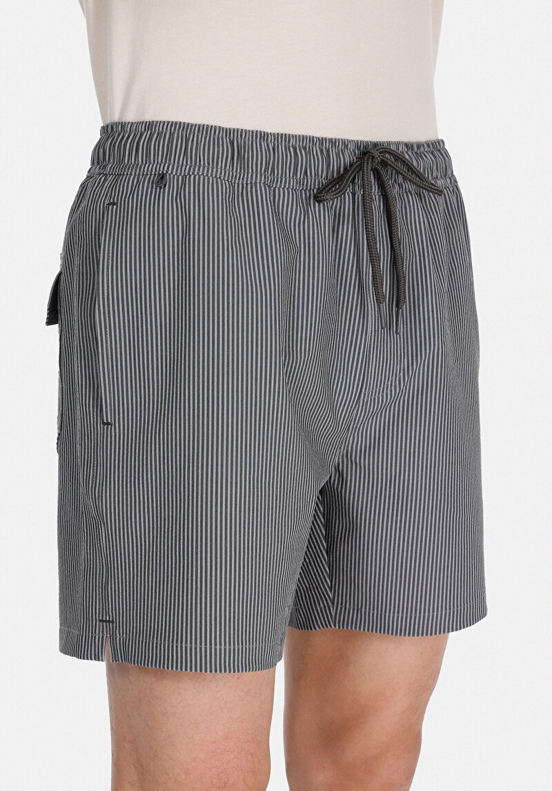 Slim Fit Çizgili Erkek Siyah Deniz Şortu