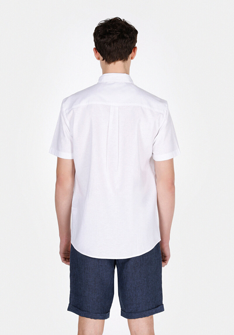 Regular Fit Shirt Neck Düz Erkek Keten Karışımlı Beyaz Kısa Kol Gömlek