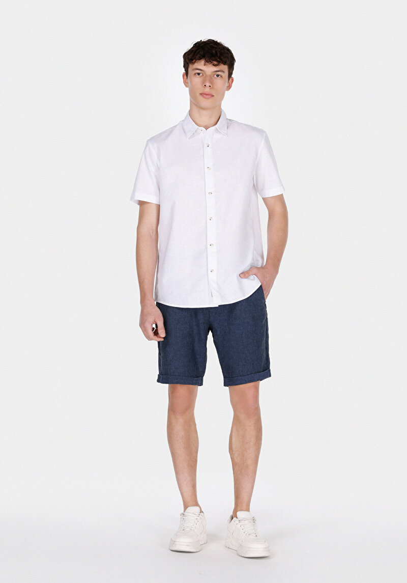 Regular Fit Shirt Neck Düz Erkek Keten Karışımlı Beyaz Kısa Kol Gömlek