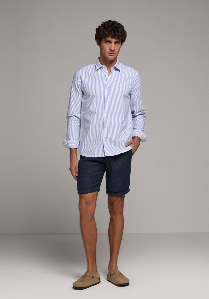 Regular Fit Orta Bel Düz Keten Erkek Lacivert Şort