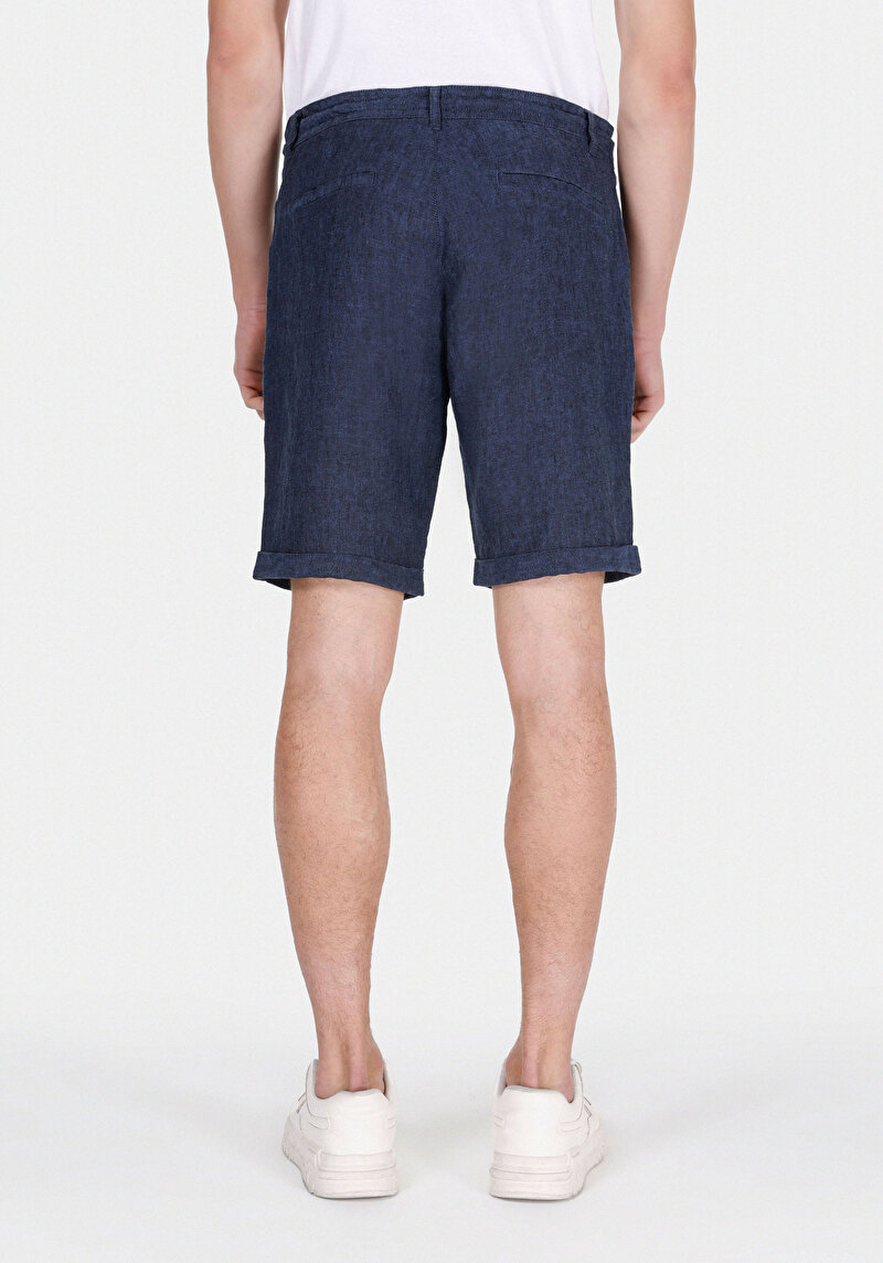 Regular Fit Orta Bel Düz Keten Erkek Lacivert Şort