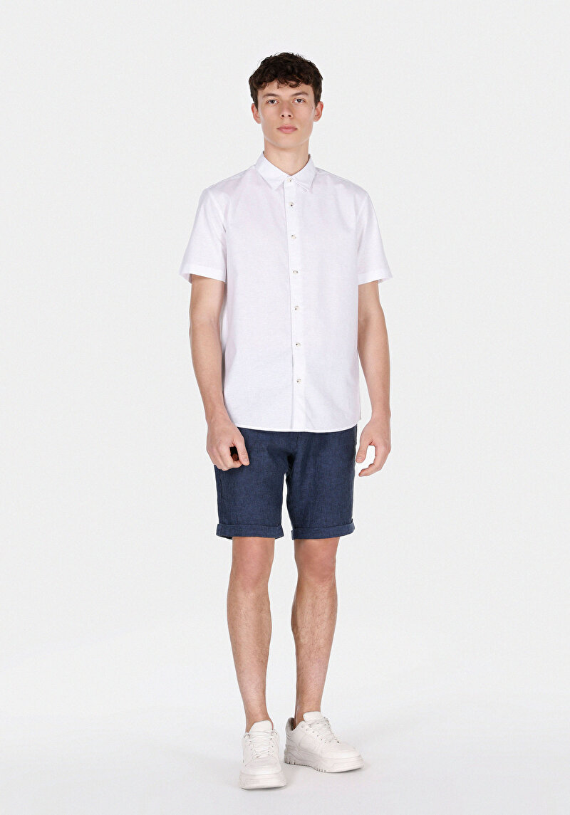 Regular Fit Orta Bel Düz Keten Erkek Lacivert Şort