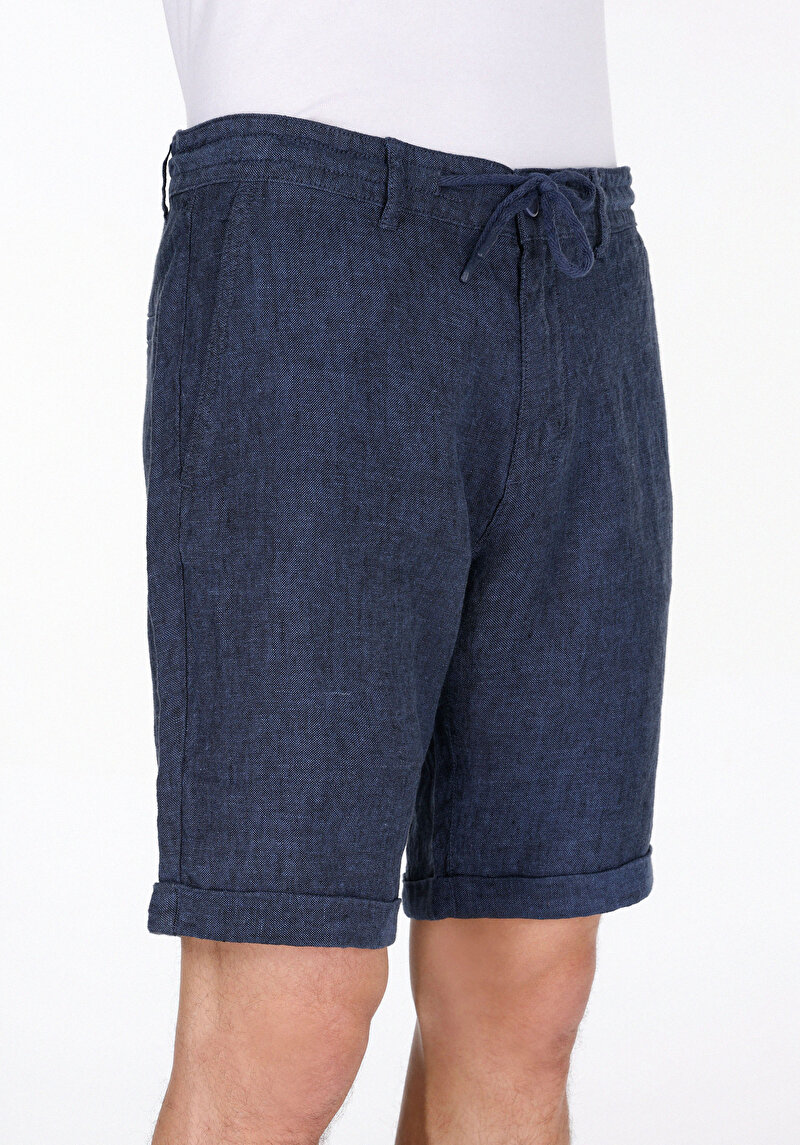 Regular Fit Orta Bel Düz Keten Erkek Lacivert Şort