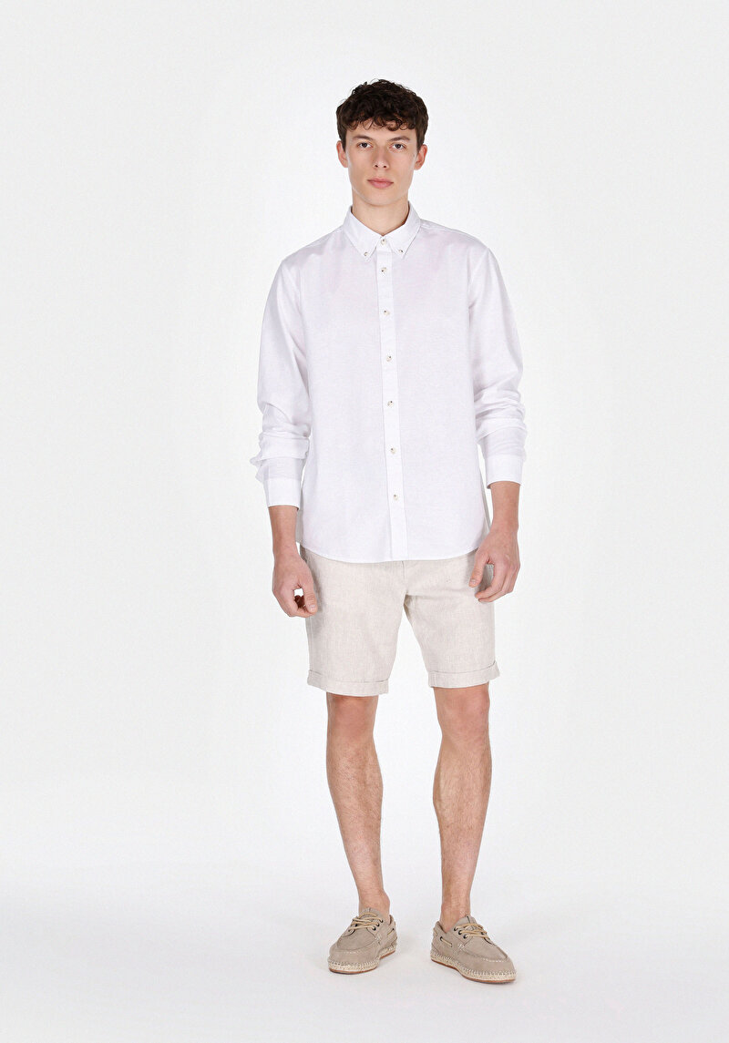 Regular Fit Orta Bel Düz Keten Erkek Taş Şort