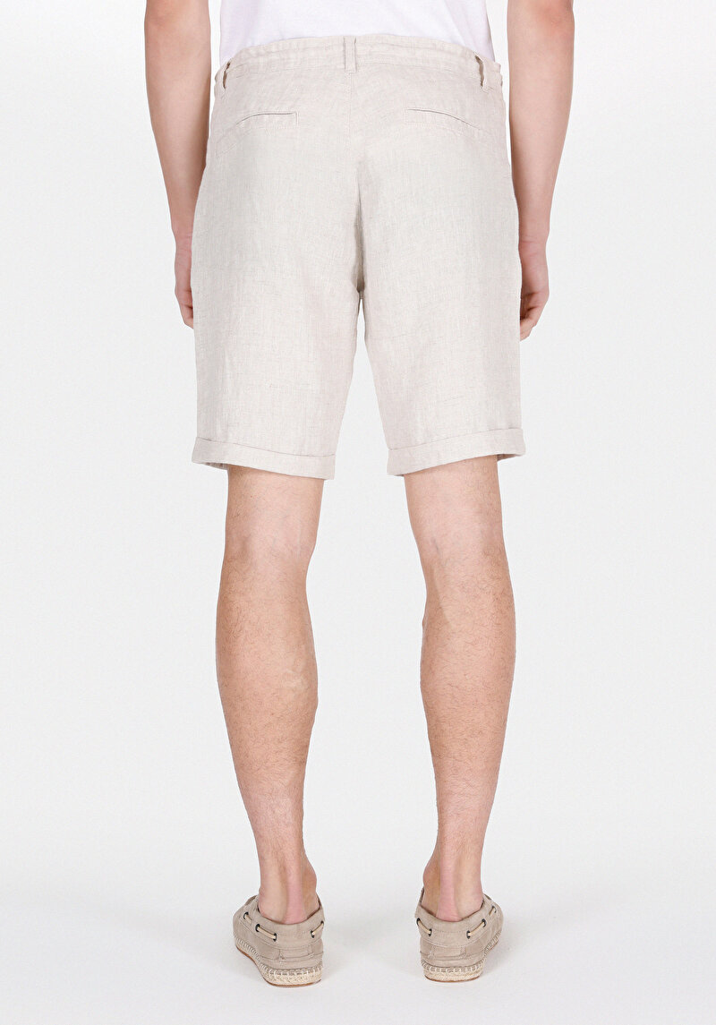 Regular Fit Orta Bel Düz Keten Erkek Taş Şort