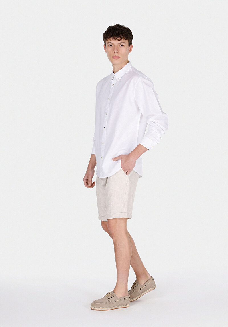 Regular Fit Orta Bel Düz Keten Erkek Taş Şort