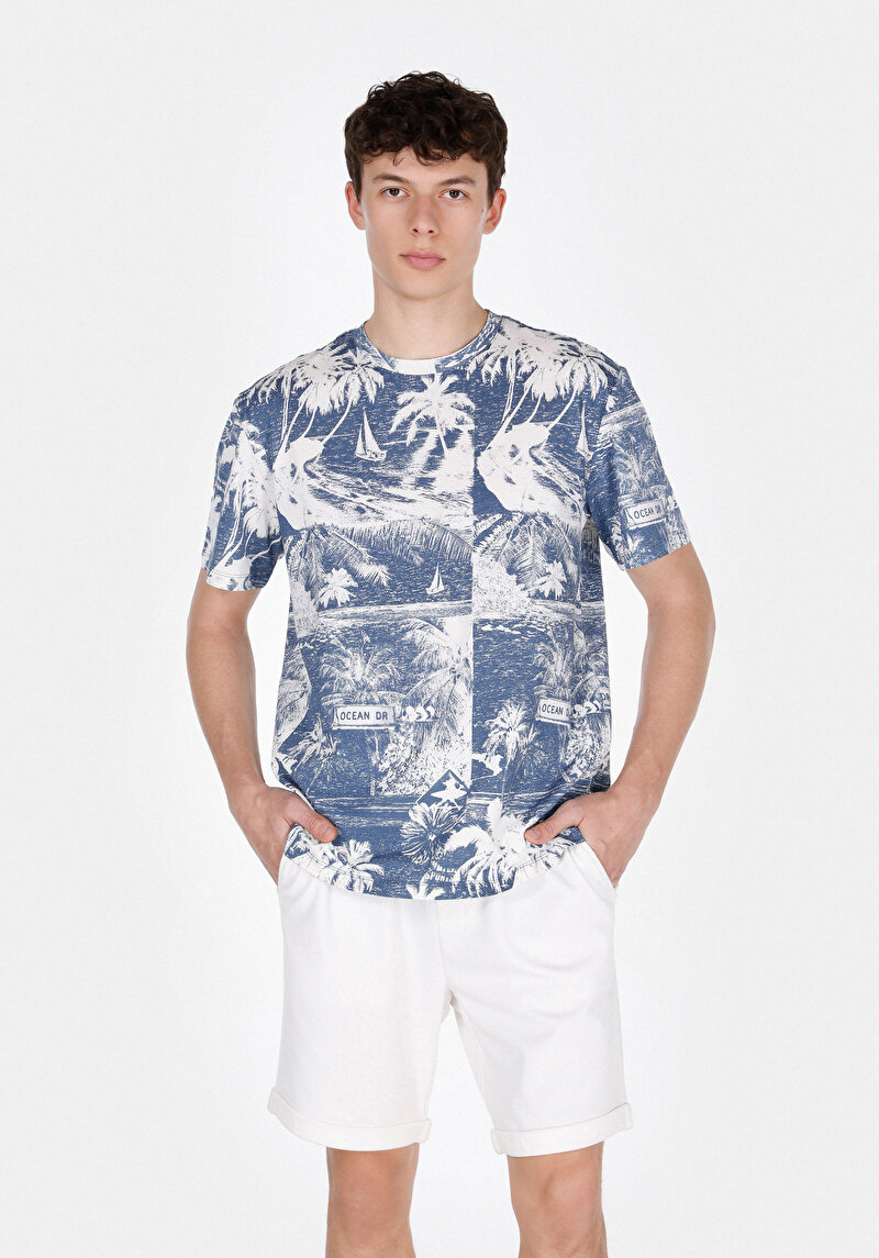 Comfort Fit Yuvarlak Yaka Baskılı Erkek Mavi Kısa Kol Tişört