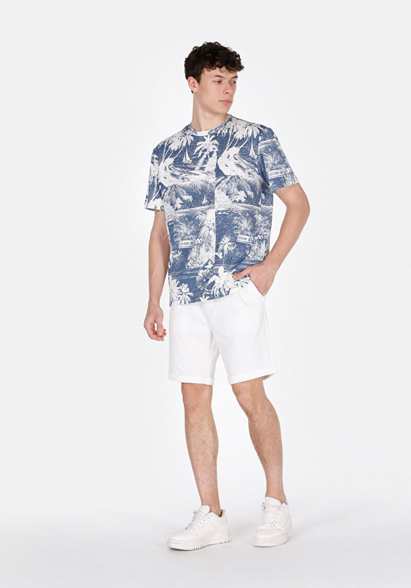 Comfort Fit Yuvarlak Yaka Baskılı Erkek Mavi Kısa Kol Tişört