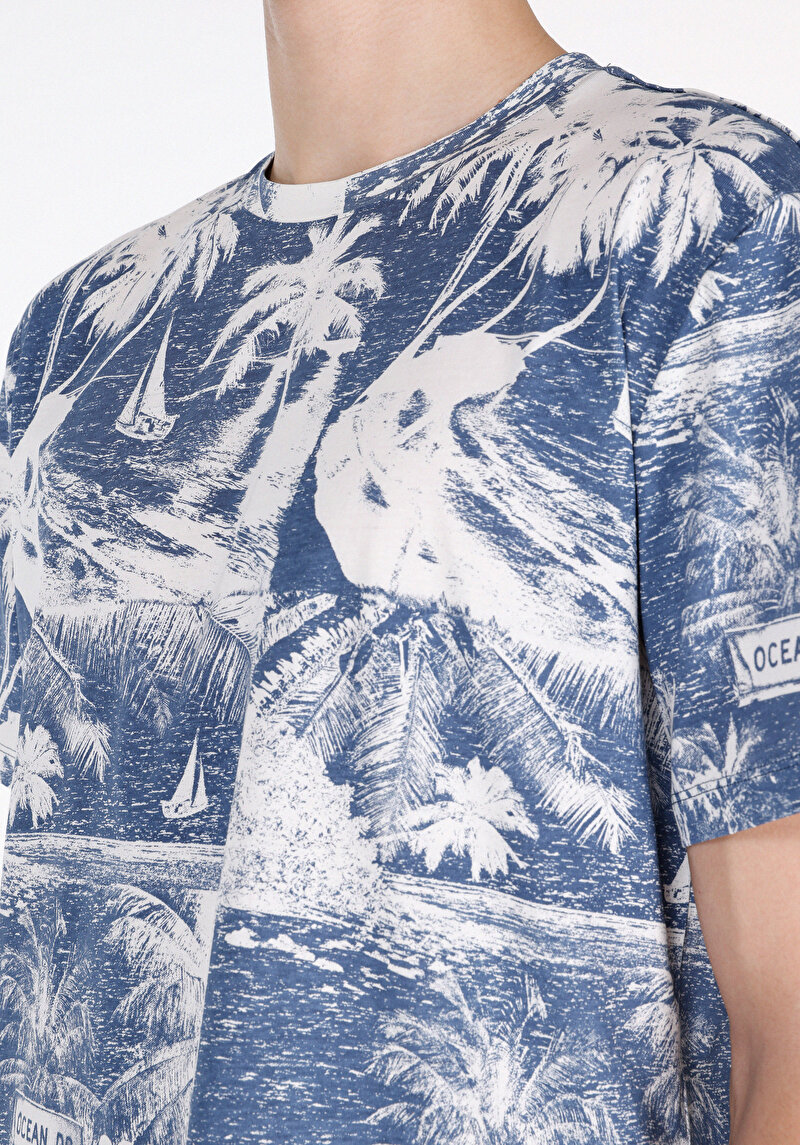 Comfort Fit Yuvarlak Yaka Baskılı Erkek Mavi Kısa Kol Tişört