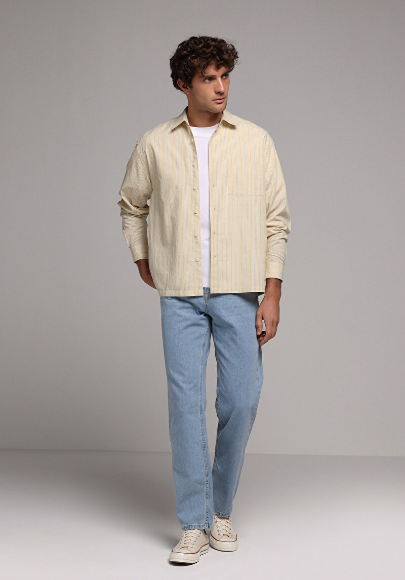 Loose Straight Fit Erkek Light İndigo Fermuarlı Denim Jean Pantolon