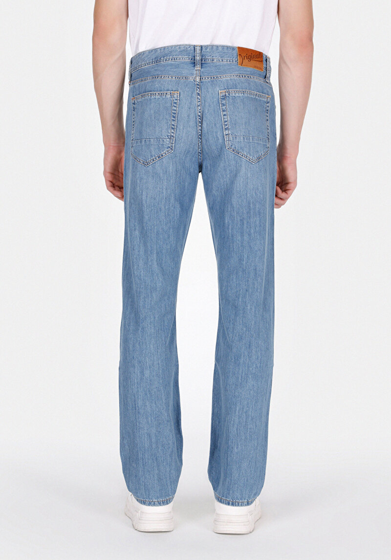 Loose Straight Fit Erkek Light İndigo Fermuarlı Denim Jean Pantolon