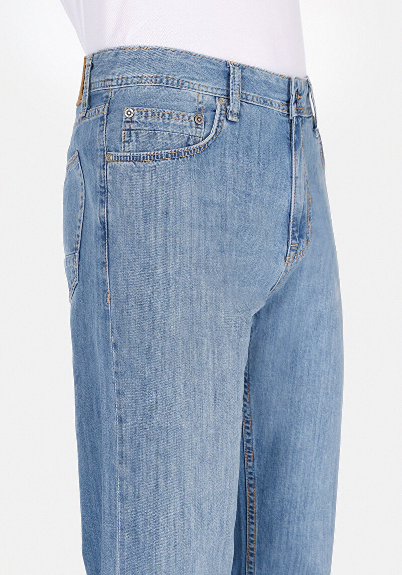 Loose Straight Fit Erkek Light İndigo Fermuarlı Denim Jean Pantolon