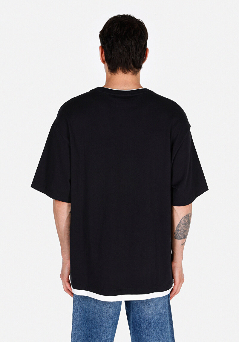 Oversize Fit Pamuklu Yuvarlak Yaka Düz Erkek Siyah Kısa Kol Tişört