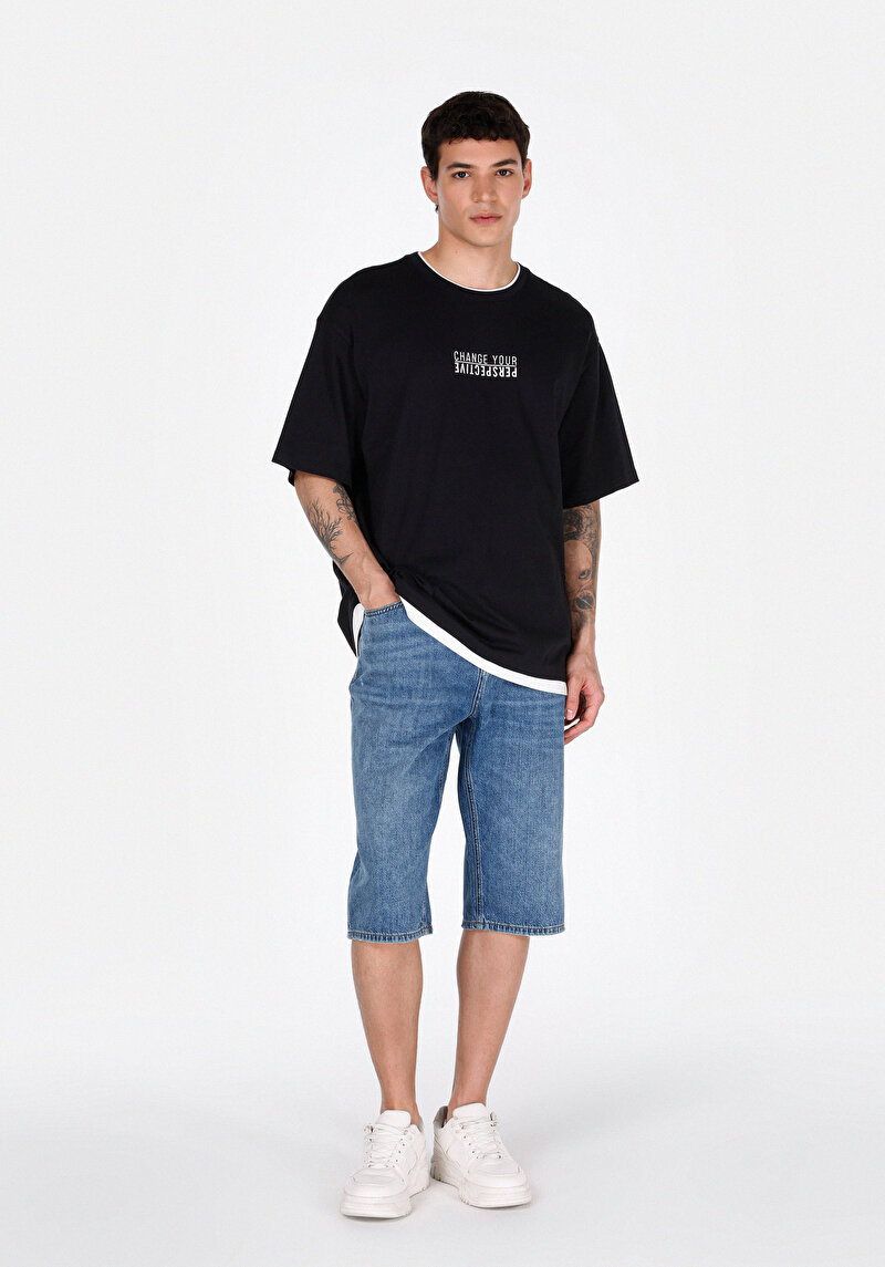 Oversize Fit Pamuklu Yuvarlak Yaka Düz Erkek Siyah Kısa Kol Tişört