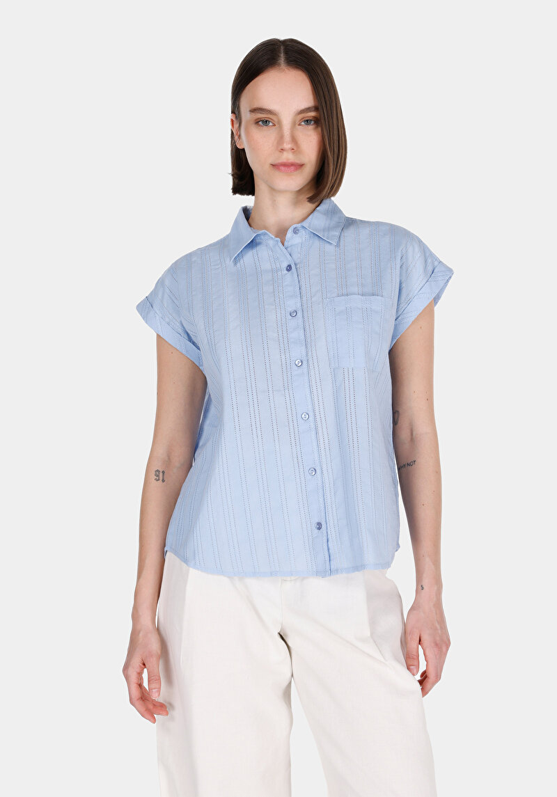Regular Fit Shirt Neck Düz Kadın Mavi Kolsuz Gömlek