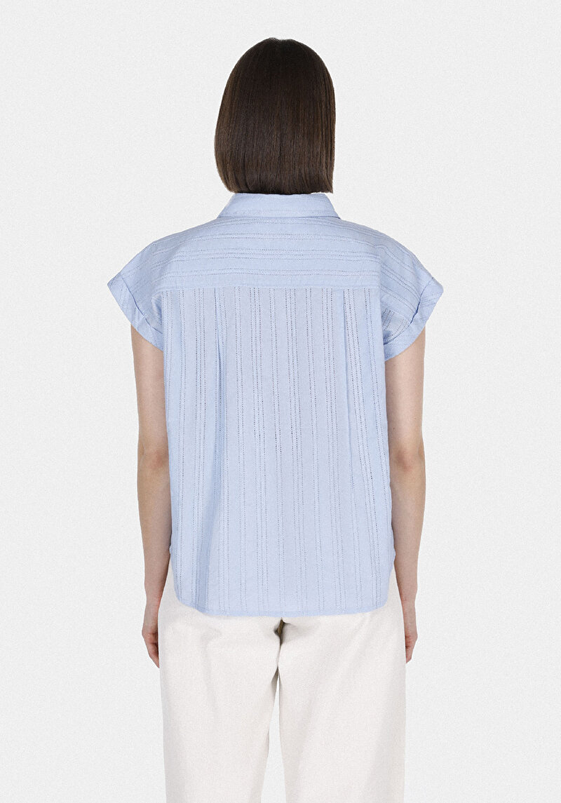 Regular Fit Shirt Neck Düz Kadın Mavi Kolsuz Gömlek