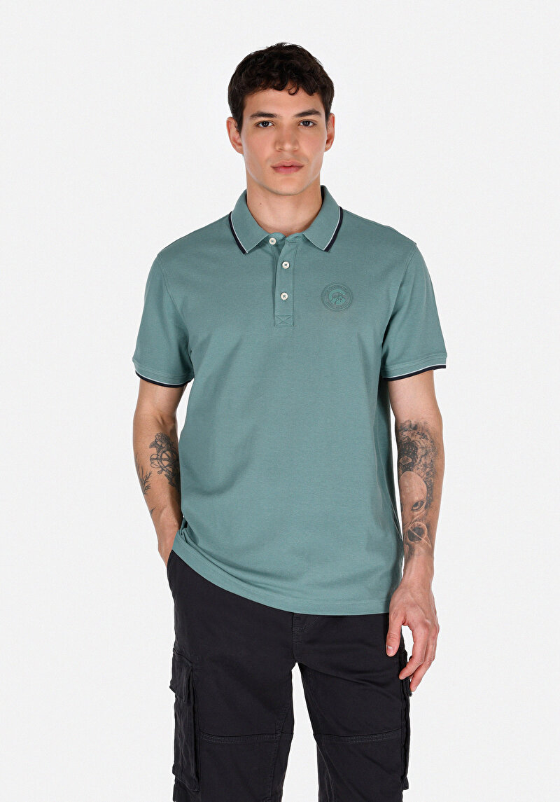 Regular Fit Polo Yaka Düz Erkek Yeşil Kısa Kol Tişört