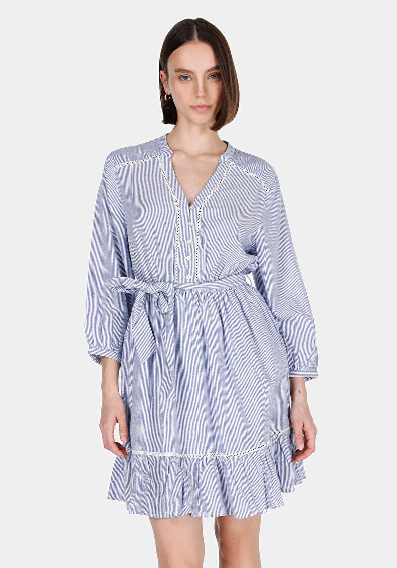 Regular Fit Çizgili Kadın Mavi ¾ Kol Elbise