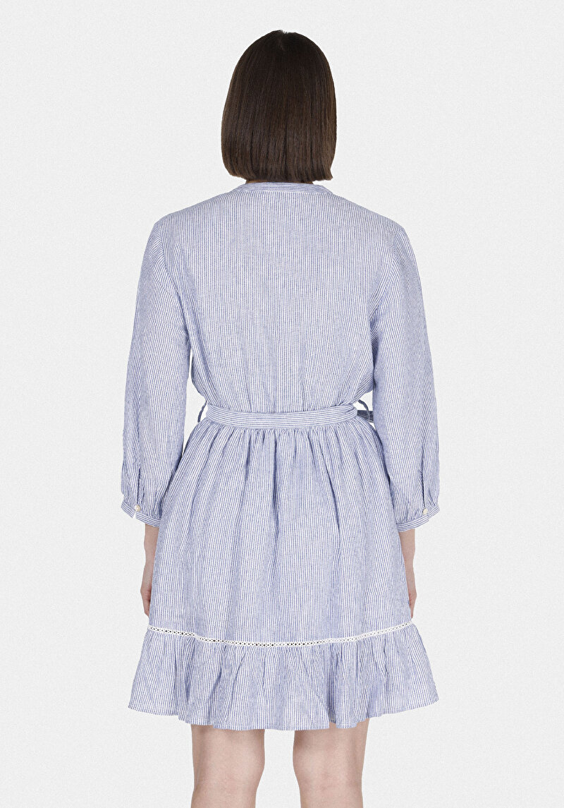 Regular Fit Çizgili Kadın Mavi ¾ Kol Elbise