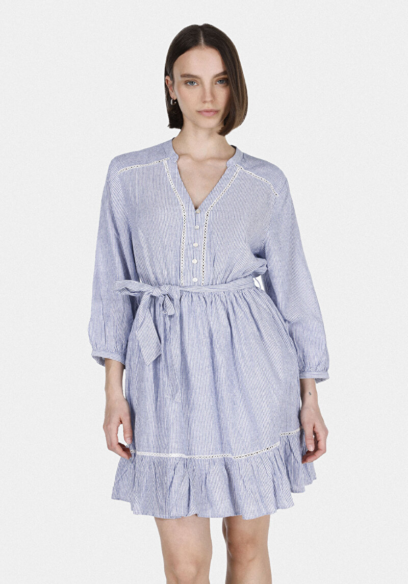 Regular Fit Çizgili Kadın Mavi ¾ Kol Elbise