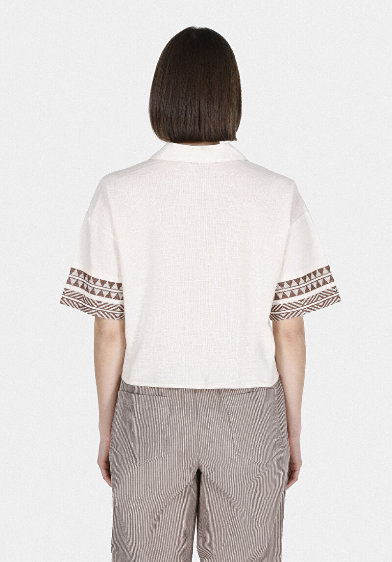 Regular Fit Shirt Neck Etnik Kadın Ekru Kısa Kol Gömlek