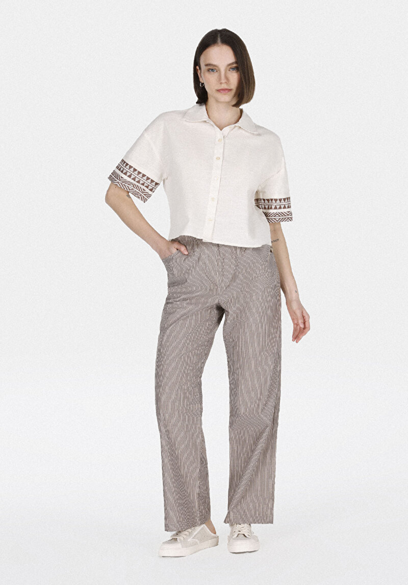 Regular Fit Shirt Neck Etnik Kadın Ekru Kısa Kol Gömlek