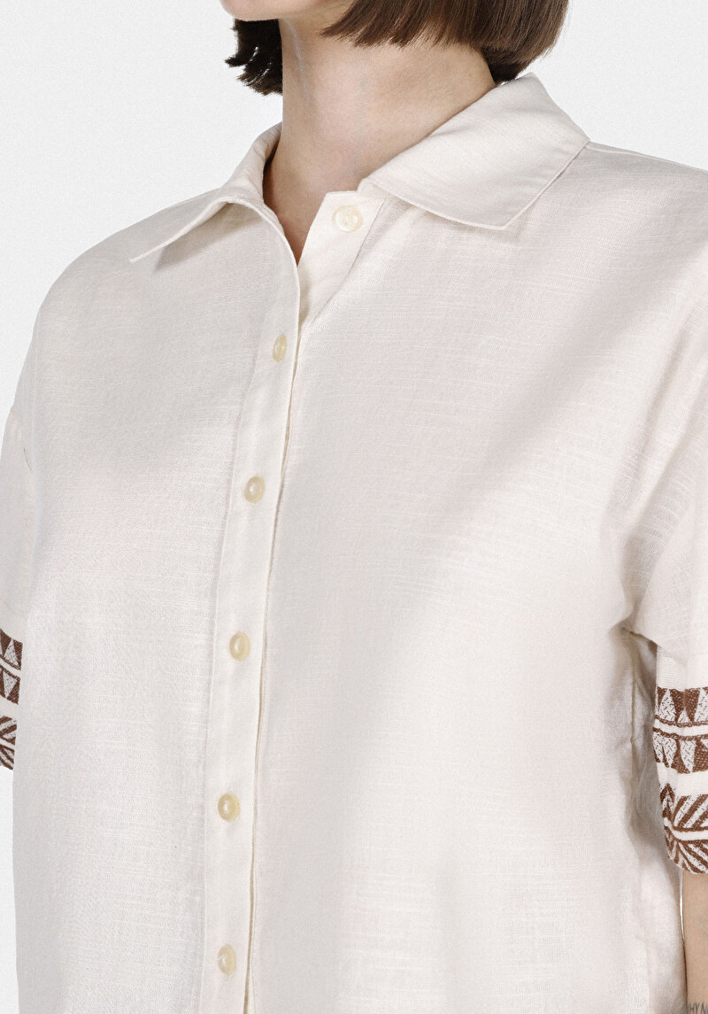 Regular Fit Shirt Neck Etnik Kadın Ekru Kısa Kol Gömlek