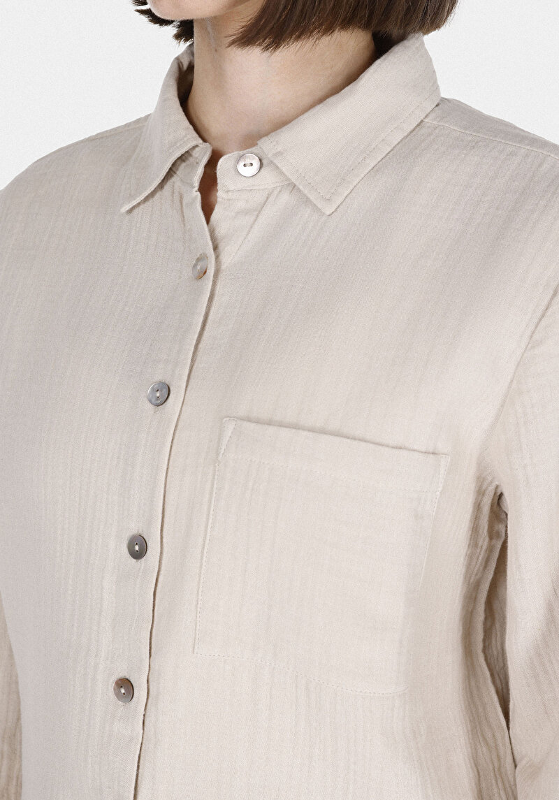 Regular Fit Shirt Neck Pamuklu Düz Kadın Bej Roll-up Gömlek