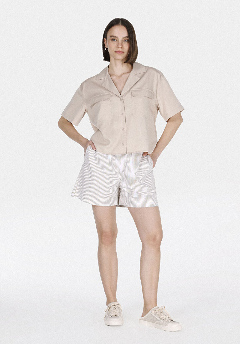 Regular Fit Shirt Neck Düz Kadın Bej Kısa Kol Gömlek