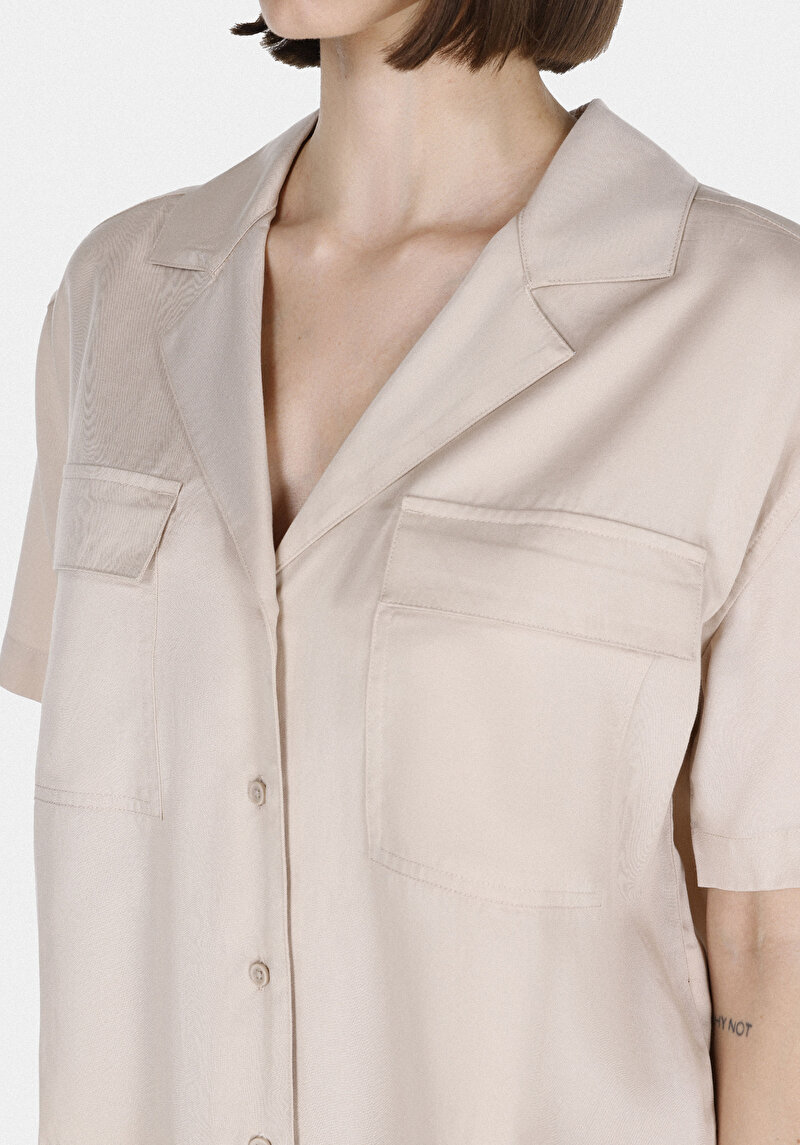 Regular Fit Shirt Neck Düz Kadın Bej Kısa Kol Gömlek