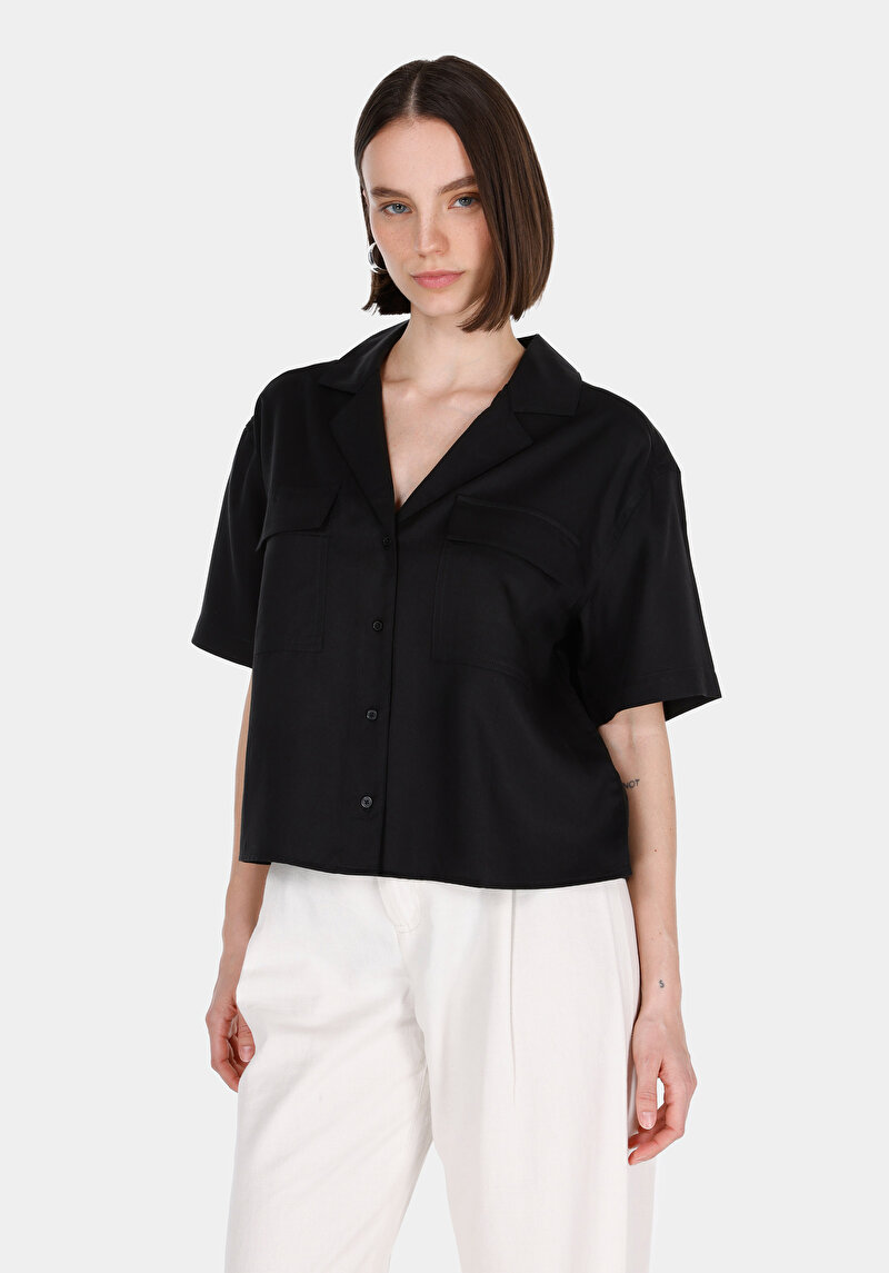 Regular Fit Shirt Neck Düz Kadın Siyah Kısa Kol Gömlek