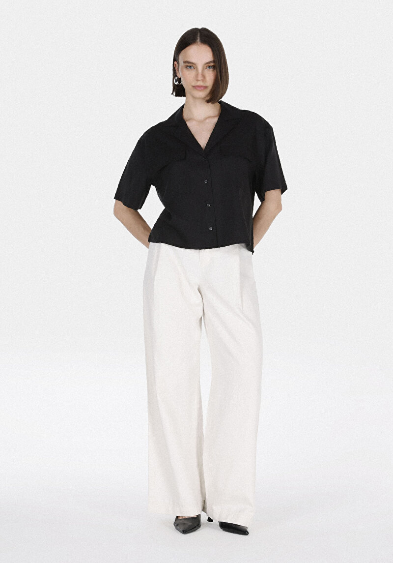 Regular Fit Shirt Neck Düz Kadın Siyah Kısa Kol Gömlek