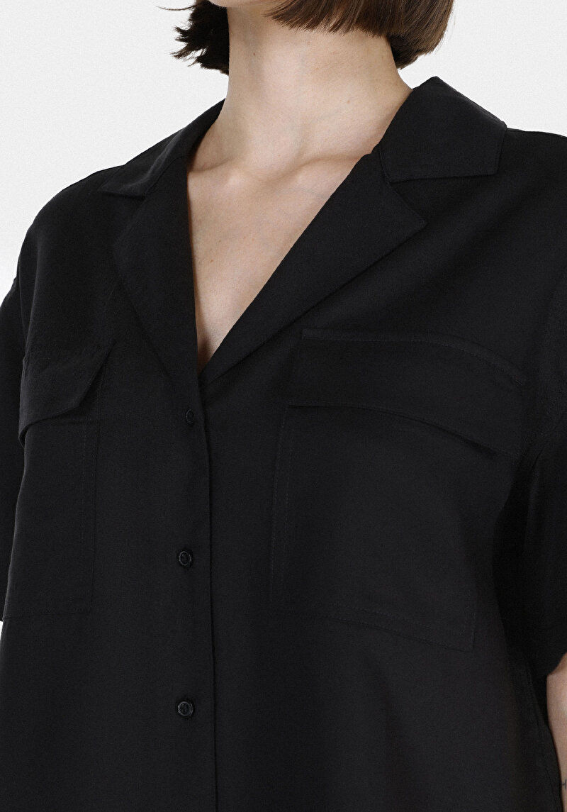 Regular Fit Shirt Neck Düz Kadın Siyah Kısa Kol Gömlek