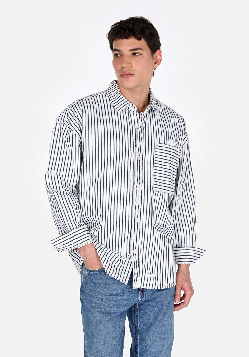 Oversize Fit Klasik Yaka Çizgili Erkek Denim Uzun Kol Gömlek