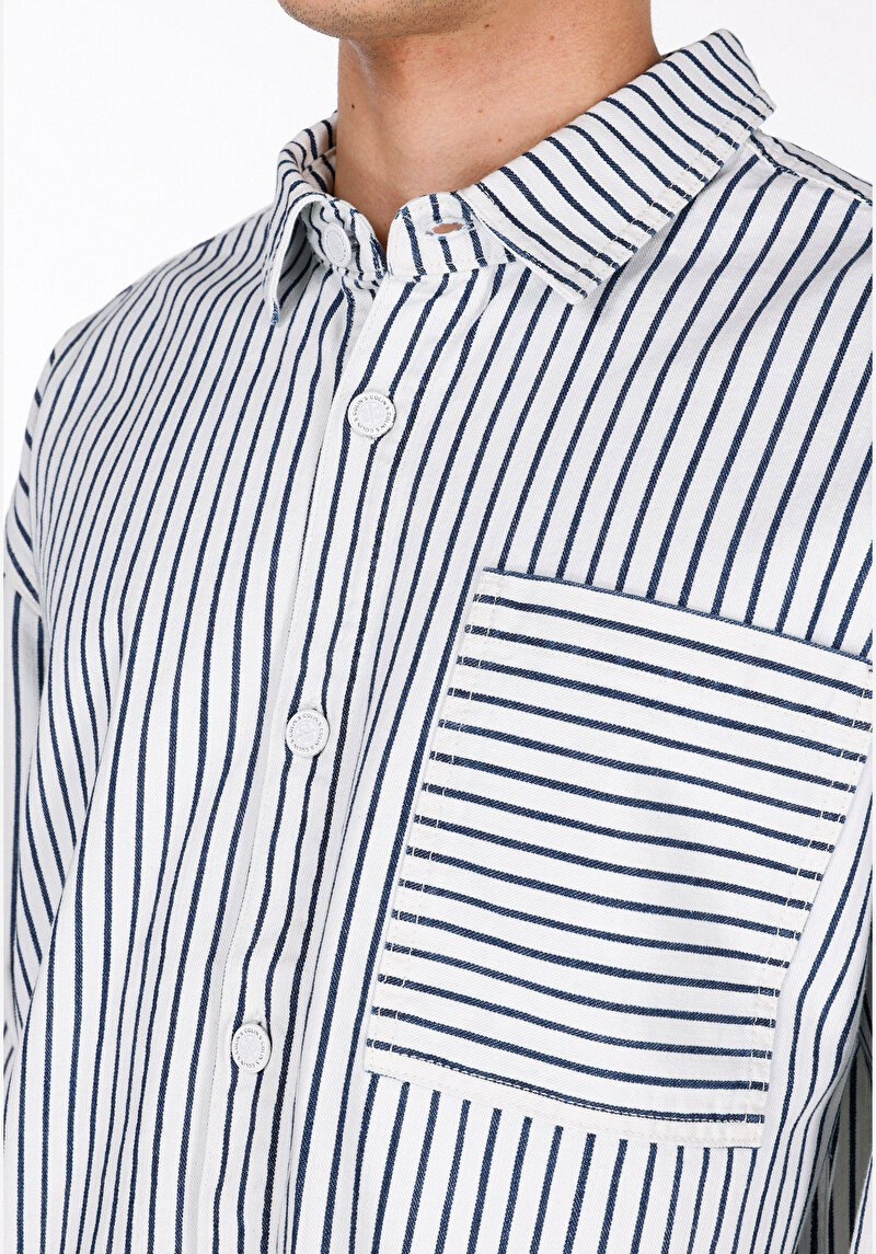 Oversize Fit Klasik Yaka Çizgili Erkek Denim Uzun Kol Gömlek