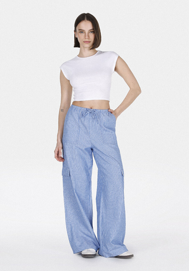 Regular Fit Yüksel Bel Geniş Paça Kadın Mavi Pantolon