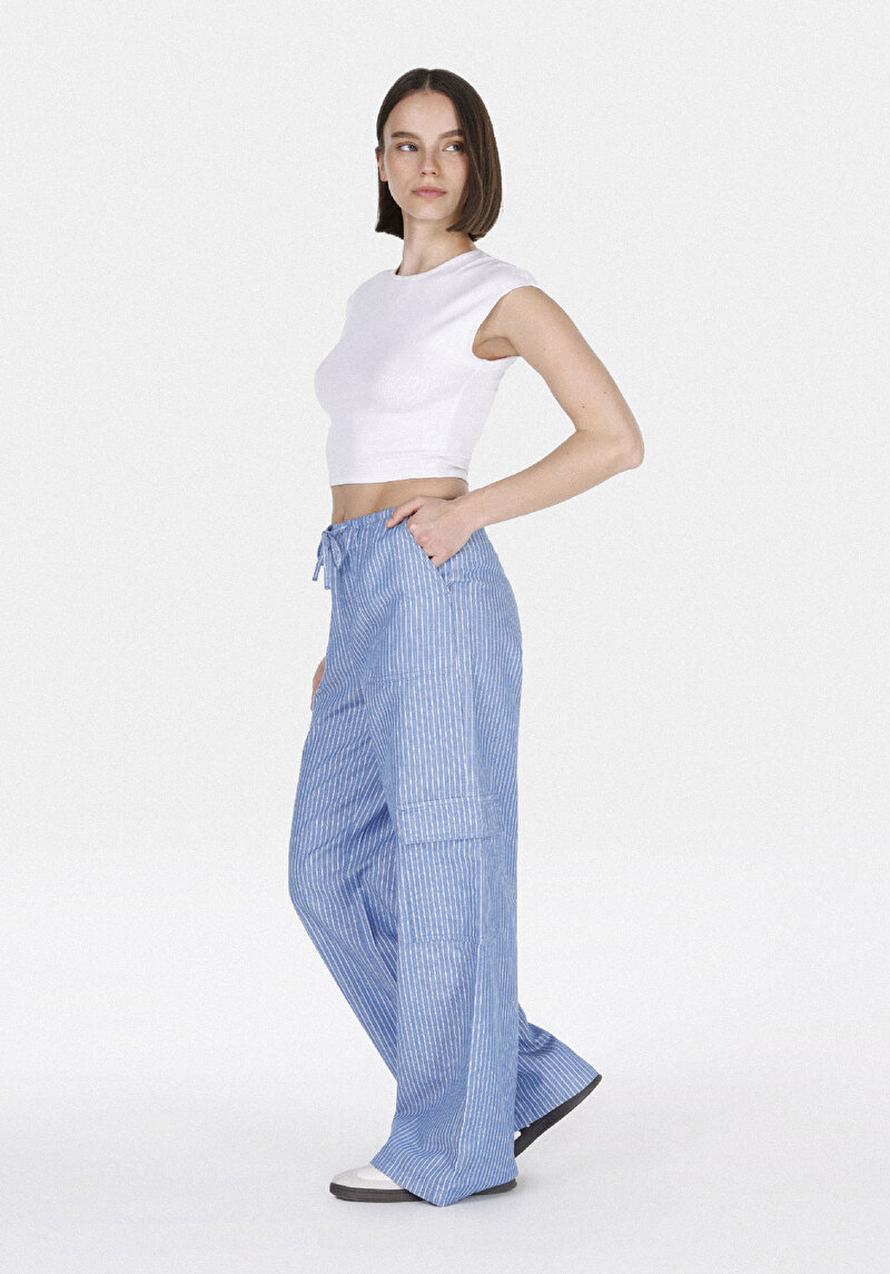 Regular Fit Yüksel Bel Geniş Paça Kadın Mavi Pantolon