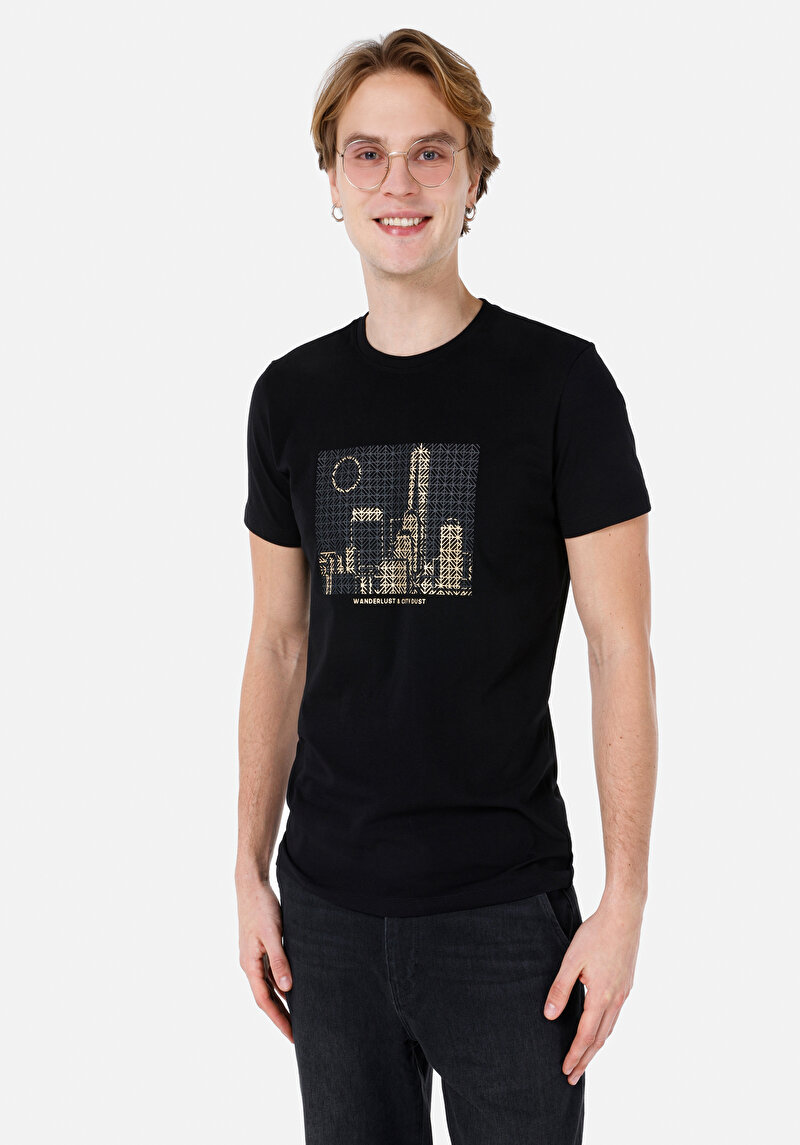 Slim Fit Yuvarlak Yaka Düz Erkek Siyah Kısa Kol Tişört