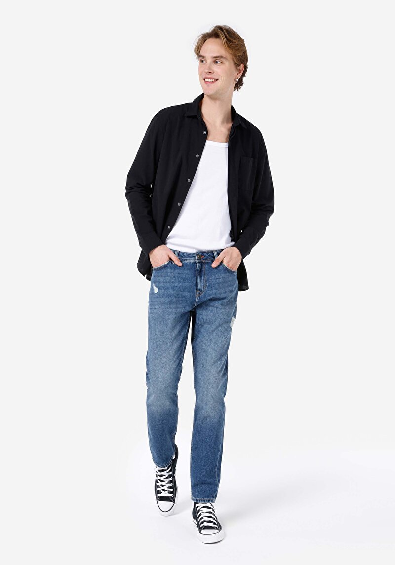Regular Fit Orta Bel Daralan Paça Erkek İndigo Jean Pantolon