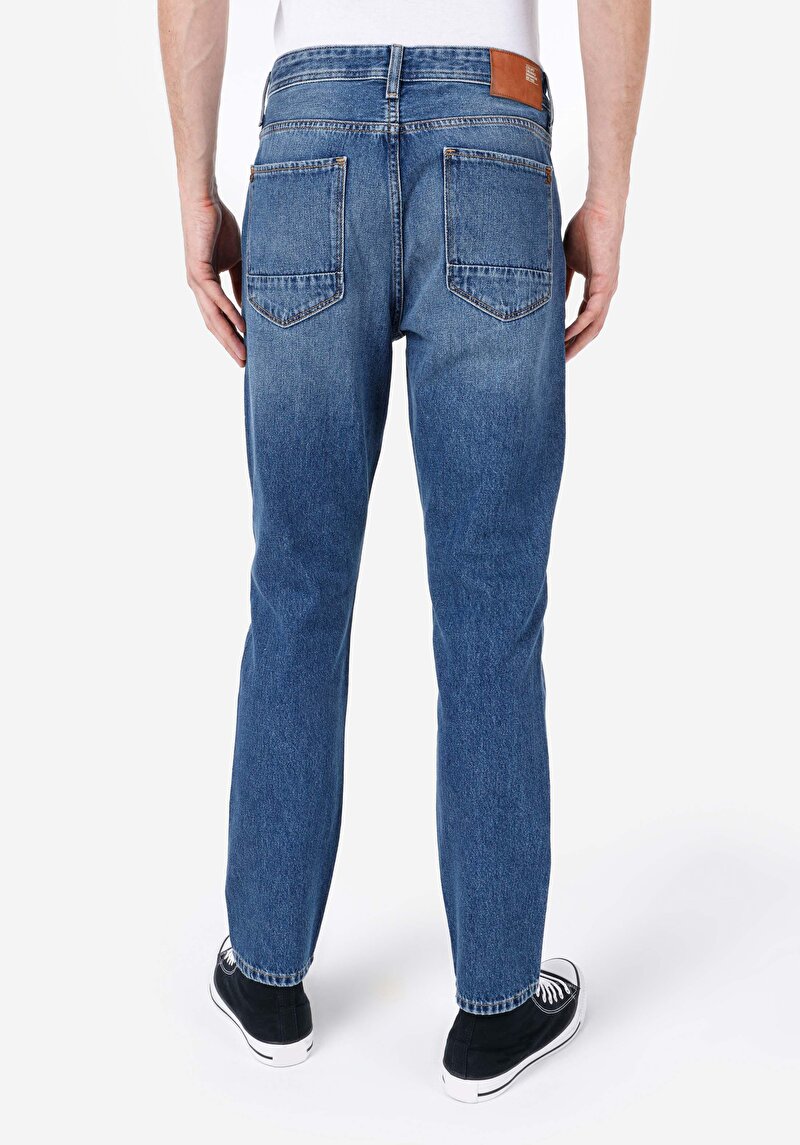 Regular Fit Orta Bel Daralan Paça Erkek İndigo Denim Jean Pantolon