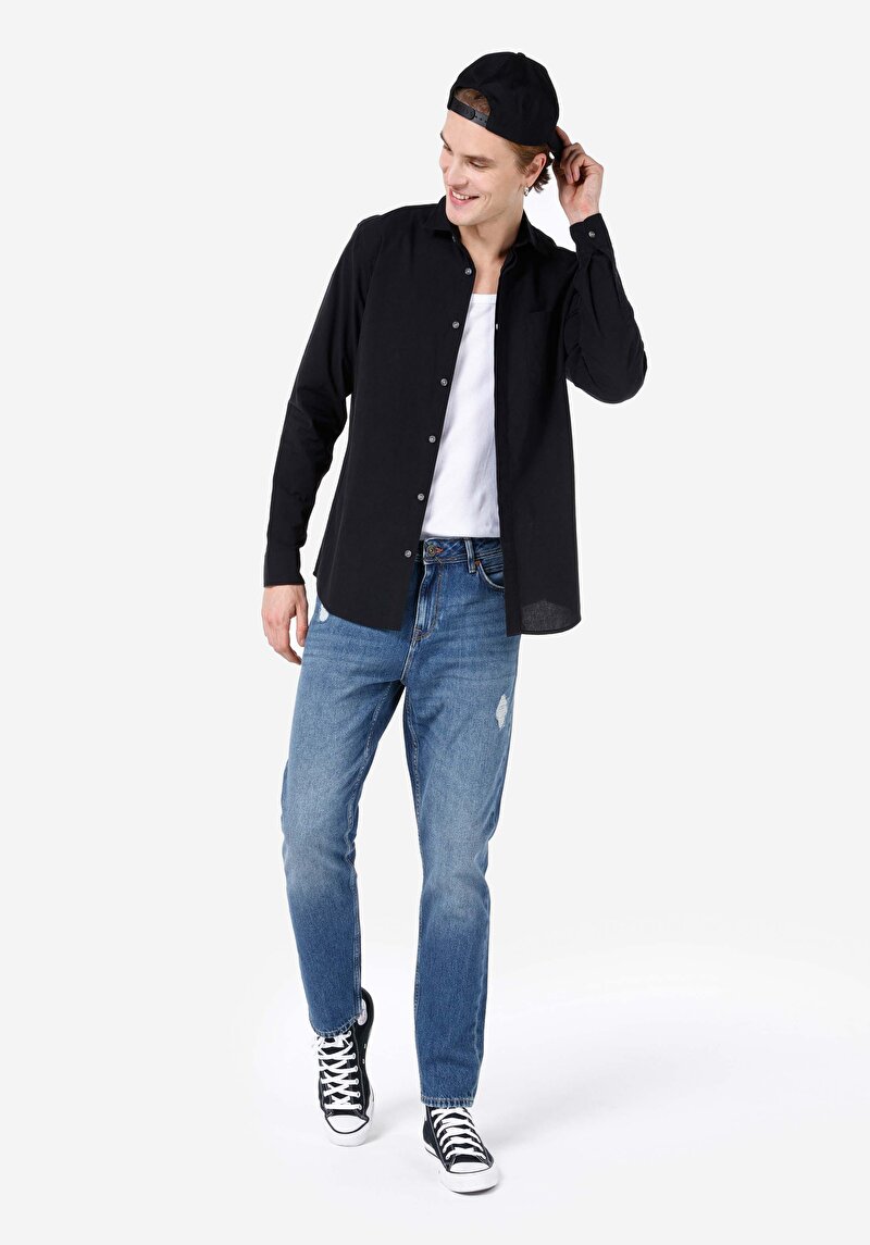 Regular Fit Orta Bel Daralan Paça Erkek İndigo Denim Jean Pantolon