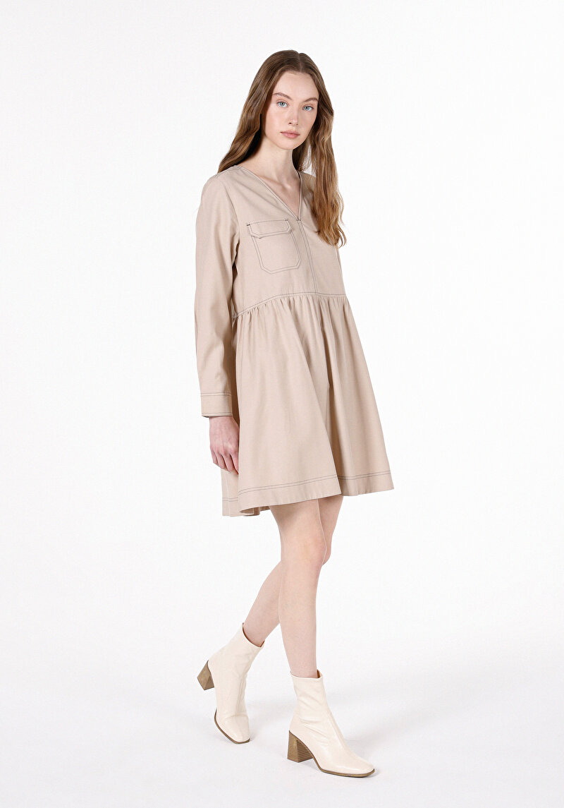 Regular Fit Dokuma Kadın Vizon Elbise