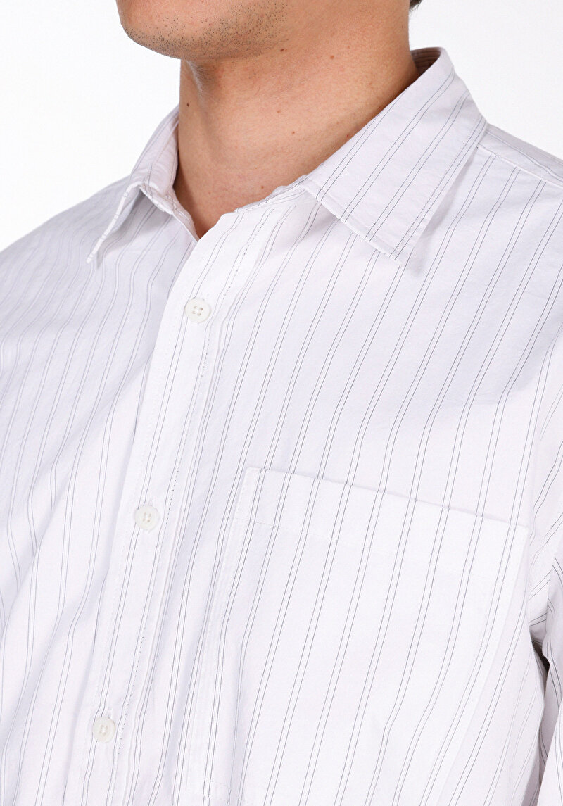 Comfort Fit Shirt Neck Çizgili Erkek Beyaz Uzun Kol Gömlek
