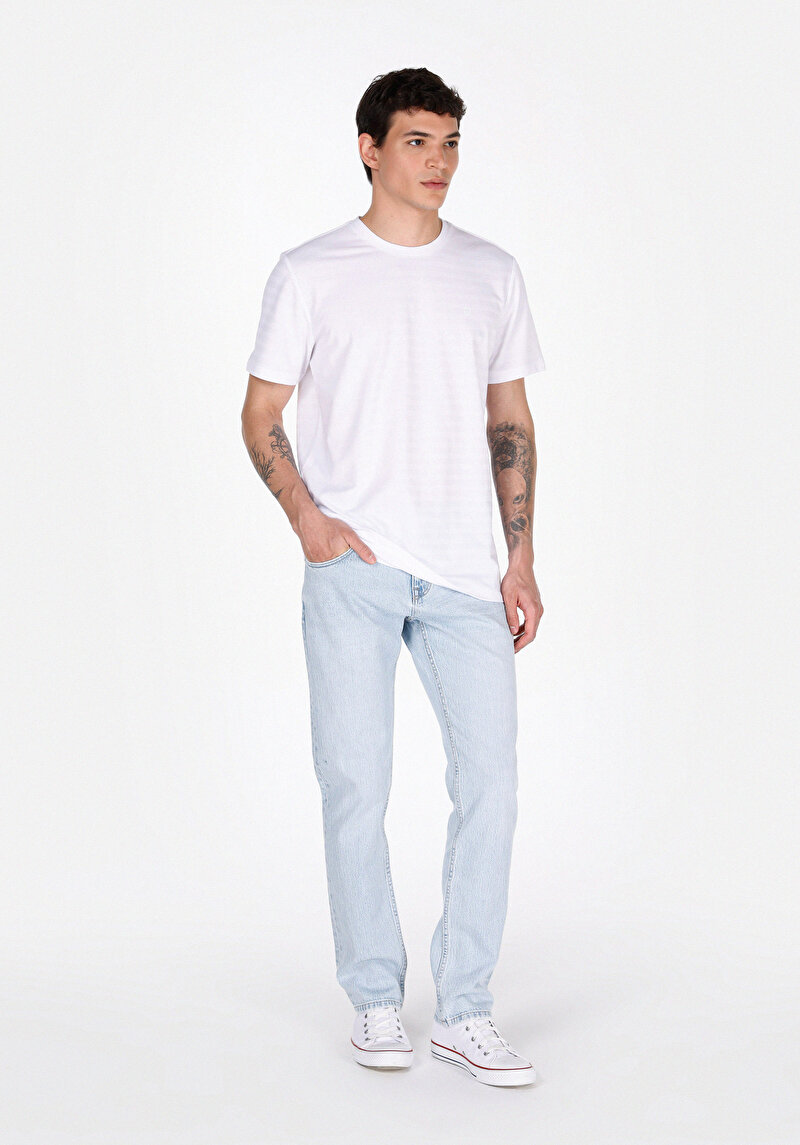 Straight Fit Düşük Bel Düz Paça Erkek Bleach İndigo Denim Jean Fermuarlı Pantolon