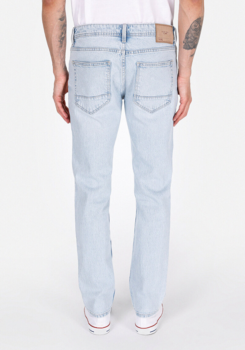 Straight Fit Düşük Bel Düz Paça Erkek Bleach İndigo Denim Jean Fermuarlı Pantolon
