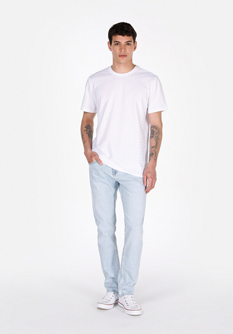 Straight Fit Düşük Bel Düz Paça Erkek Bleach İndigo Denim Jean Fermuarlı Pantolon