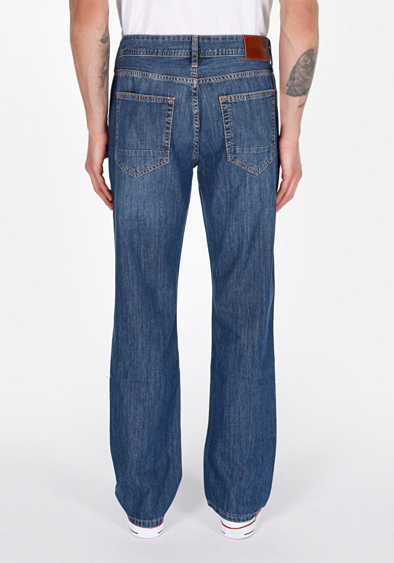 Regular Fit Erkek Fermuarlı Mid İndigo Denim Jean Pantolon
