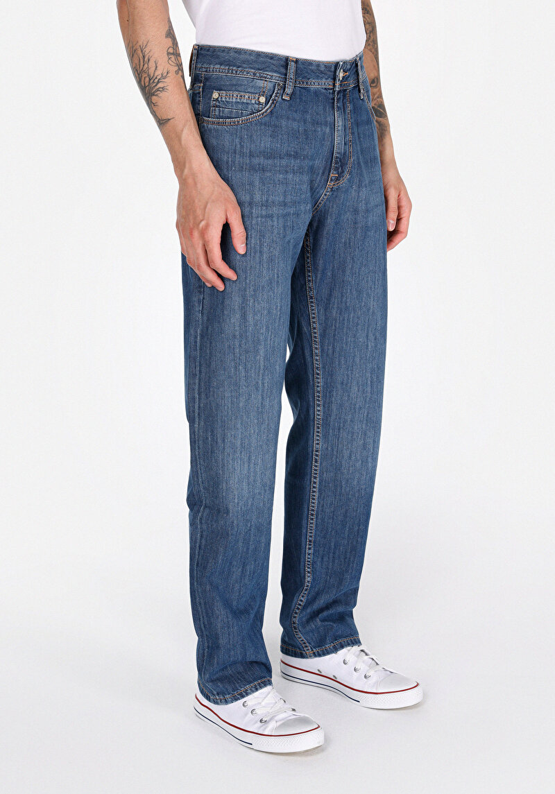 Regular Fit Erkek Fermuarlı Mid İndigo Denim Jean Pantolon