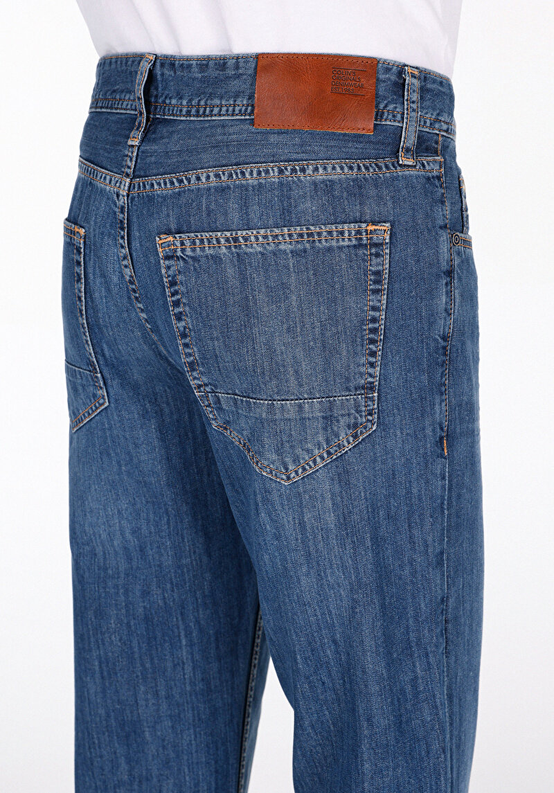 Regular Fit Erkek Fermuarlı Mid İndigo Denim Jean Pantolon