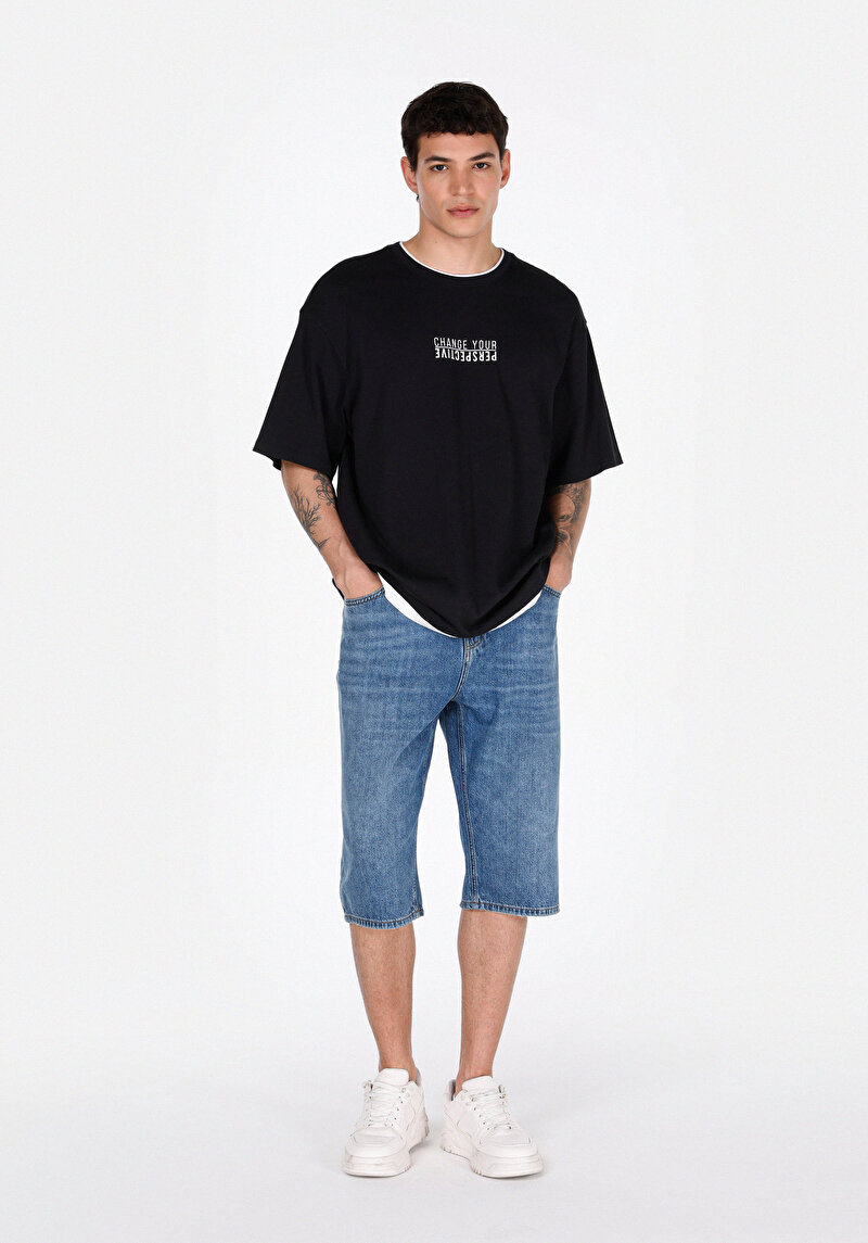 Straight Fit Pamuklu Orta Bel Düz Erkek Mid İndigo Denim Jean Şort